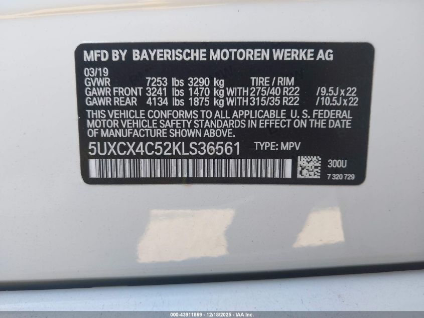 2019 BMW X7 xDrive50I VIN: 5UXCX4C52KLS36561 Lot: 43911869