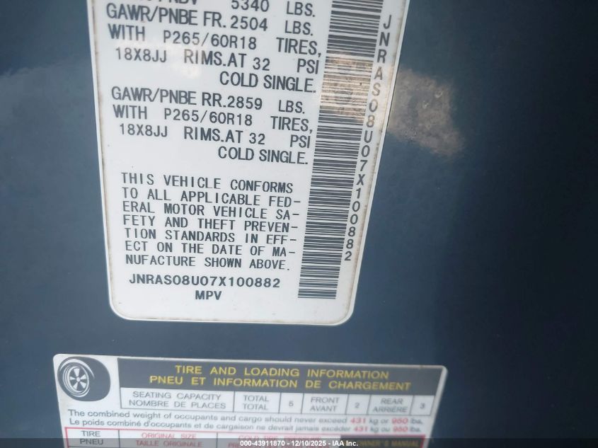 2007 Infiniti Fx35 VIN: JNRAS08U07X100882 Lot: 43911870