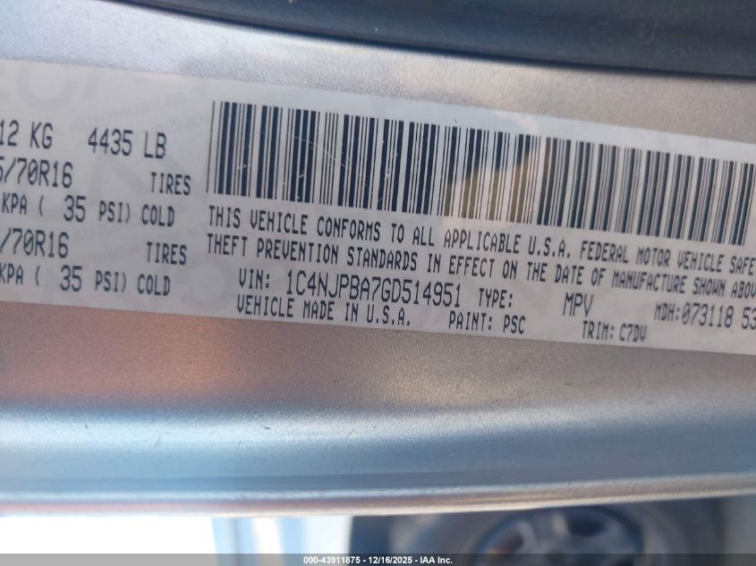 2016 Jeep Patriot Sport VIN: 1C4NJPBA7GD514951 Lot: 43911875