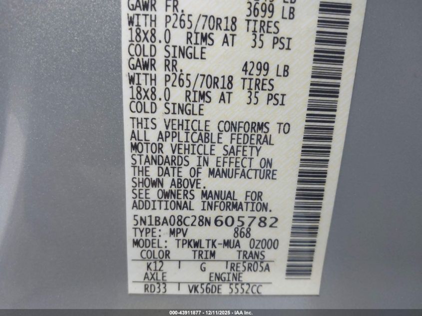 2008 Nissan Armada Se VIN: 5N1BA08C28N605782 Lot: 43911877