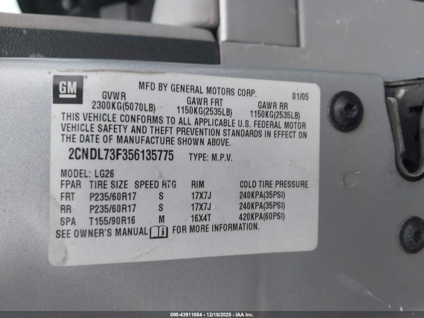 2005 Chevrolet Equinox Lt VIN: 2CNDL73F356135775 Lot: 43911884
