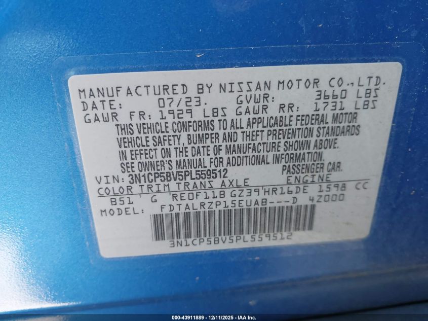 2023 Nissan Kicks S Xtronic Cvt VIN: 3N1CP5BV5PL559512 Lot: 43911889