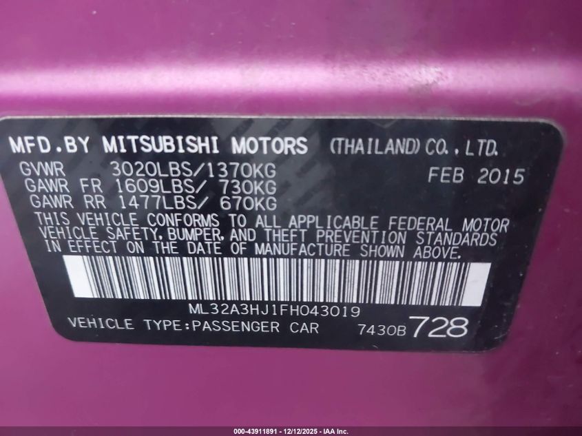 2015 Mitsubishi Mirage De/Rf VIN: ML32A3HJ1FH043019 Lot: 43911891