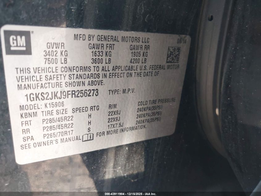 2015 GMC Yukon Xl 1500 Denali VIN: 1GKS2JKJ9FR256273 Lot: 43911904
