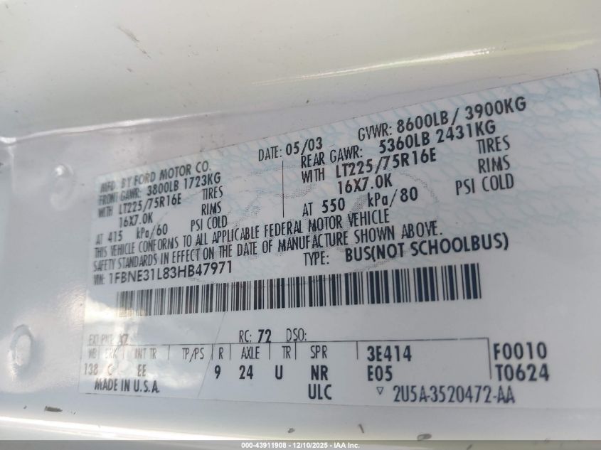 2003 Ford E-350 Super Duty Chateau/Xl/Xlt VIN: 1FBNE31L83HB47971 Lot: 43911908