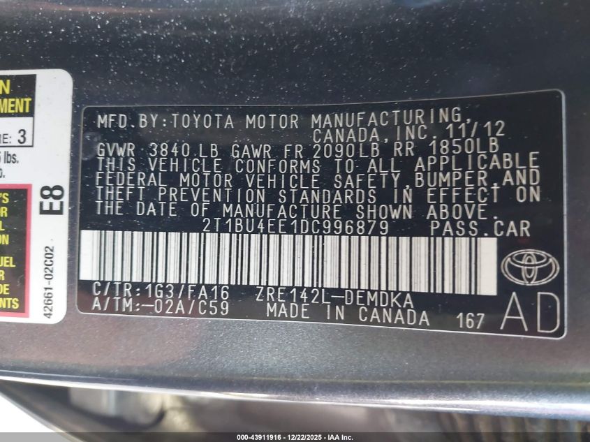 2013 Toyota Corolla L VIN: 2T1BU4EE1DC996879 Lot: 43911916