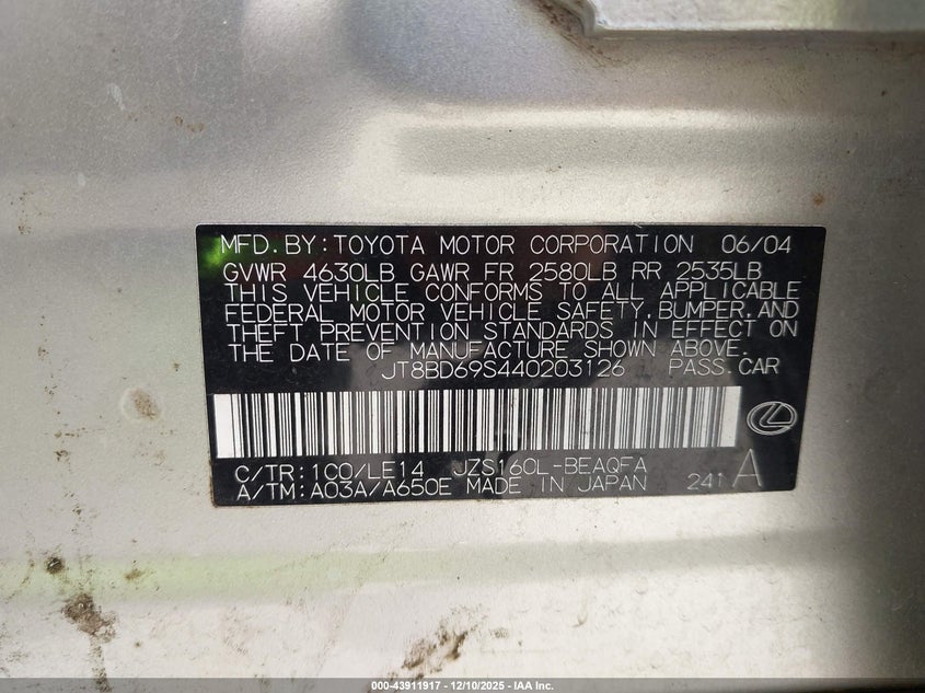 JT8BD69S440203126 2004 LEXUS GS 300 photo no. 9