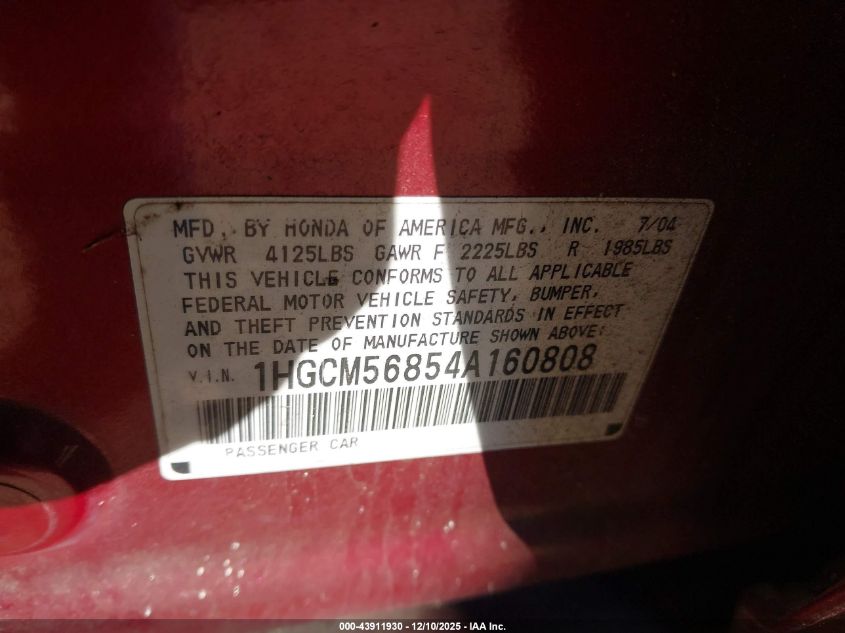 2004 Honda Accord 2.4 Ex VIN: 1HGCM56854A160808 Lot: 43911930