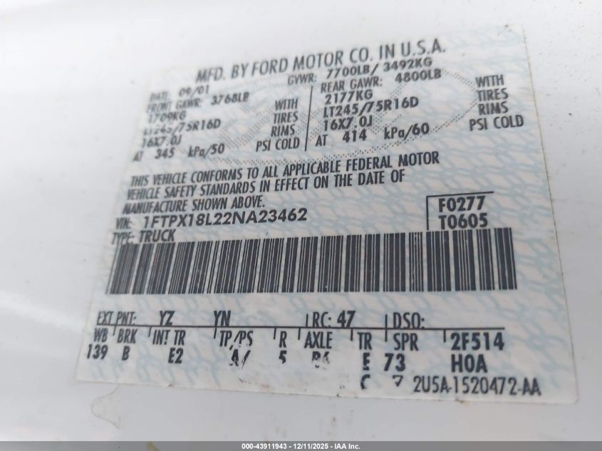 2002 Ford F-150 Lariat/Xl/Xlt VIN: 1FTPX18L22NA23462 Lot: 43911943