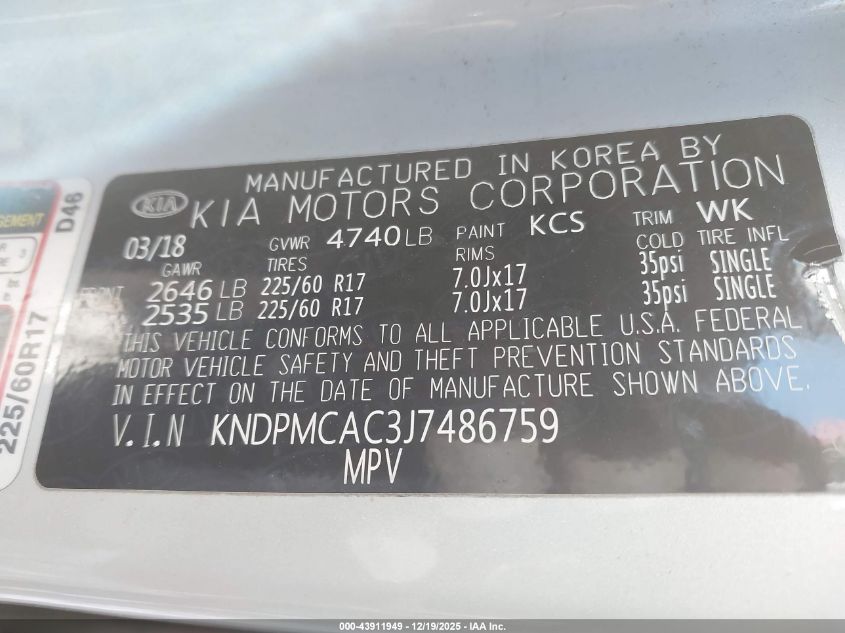 2018 Kia Sportage Lx VIN: KNDPMCAC3J7486759 Lot: 43911949