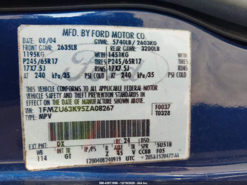 2005 Ford Explorer Xlt/Xlt Sport VIN: 1FMZU63K95ZA08267 Lot: 43911956