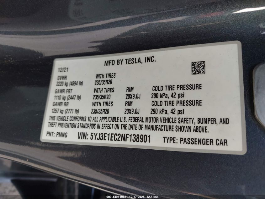 2022 Tesla Model 3 Performance Dual Motor All-Wheel Drive VIN: 5YJ3E1EC2NF138901 Lot: 43911963