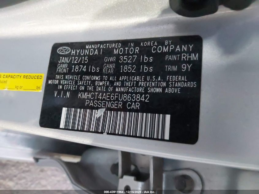 2015 Hyundai Accent Gls VIN: KMHCT4AE6FU863842 Lot: 43911964
