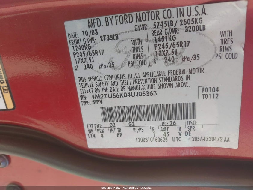 4M2ZU66K04UJ05363 2004 MERCURY MOUNTAINEER photo no. 9