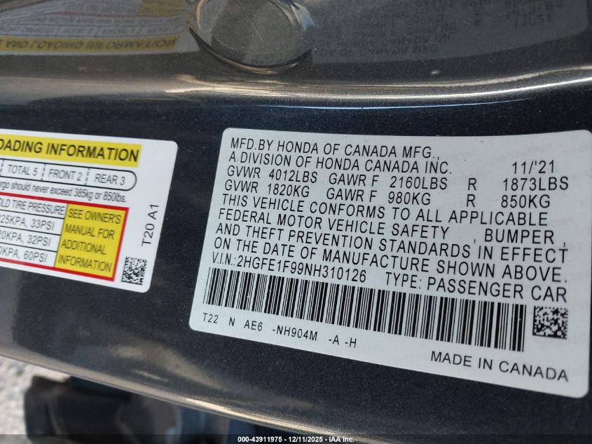 2022 Honda Civic Touring VIN: 2HGFE1F99NH310126 Lot: 43911975
