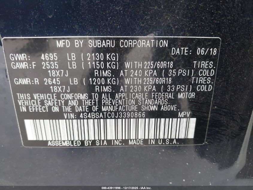 2018 Subaru Outback 2.5I Touring VIN: 4S4BSATC0J3390866 Lot: 43911996