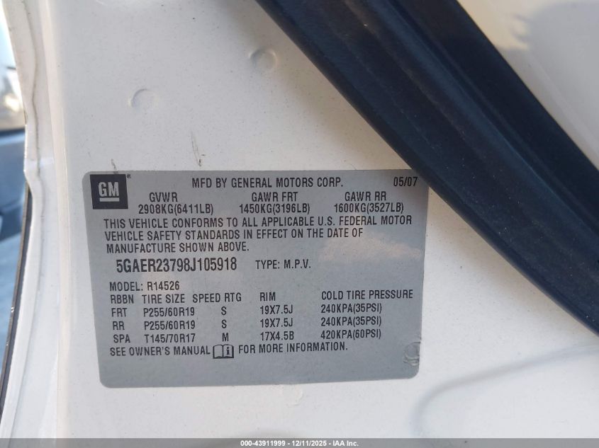 2008 Buick Enclave Cxl VIN: 5GAER23798J105918 Lot: 43911999