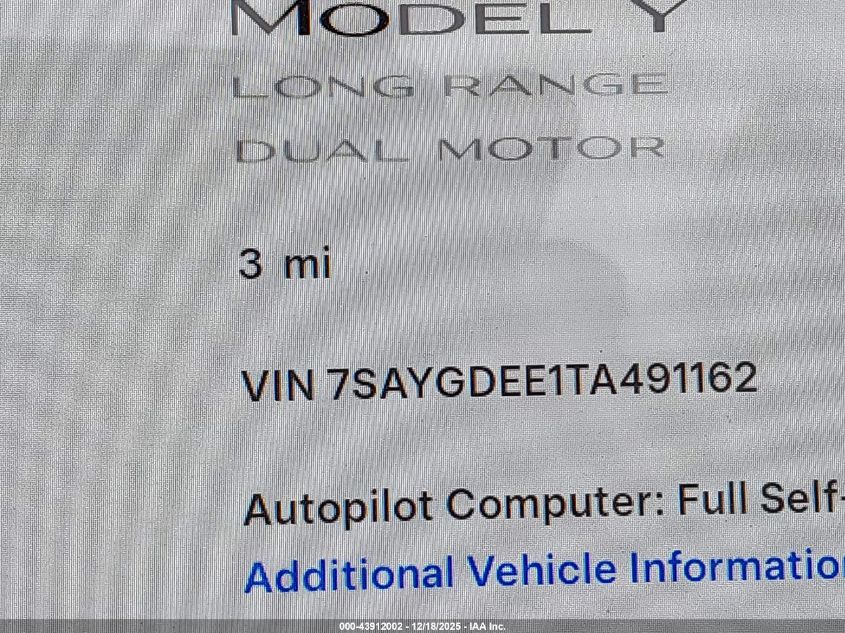 2026 Tesla Model Y Long Range Dual Motor All-Wheel Drive/Long Range Launch Series VIN: 7SAYGDEE1TA491162 Lot: 43912002