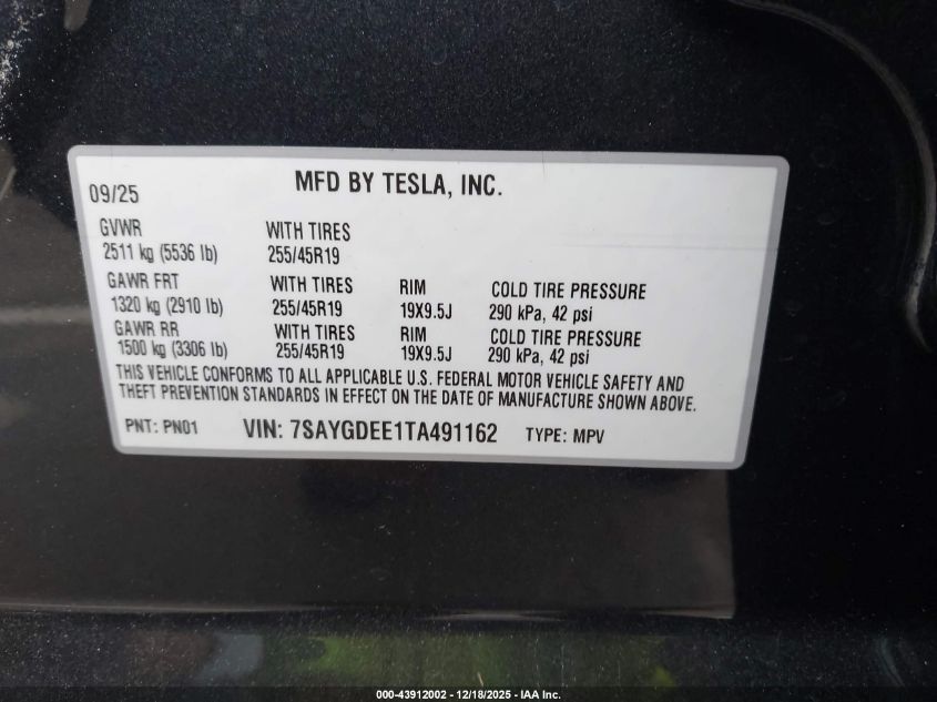 2026 Tesla Model Y Long Range Dual Motor All-Wheel Drive/Long Range Launch Series VIN: 7SAYGDEE1TA491162 Lot: 43912002