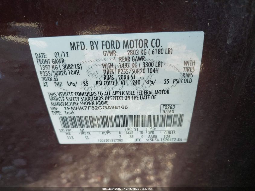 2012 Ford Explorer Limited VIN: 1FMHK7F82CGA98166 Lot: 43912007