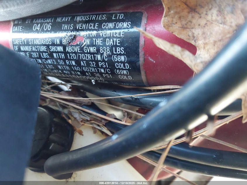 2006 Kawasaki Ex650 A6F VIN: JKAEXEA116A009986 Lot: 43912014