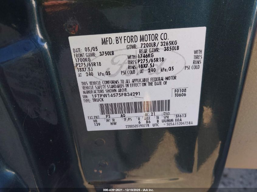 2005 Ford F-150 Fx4/Lariat/Xlt VIN: 1FTPW14575FB34291 Lot: 43912021
