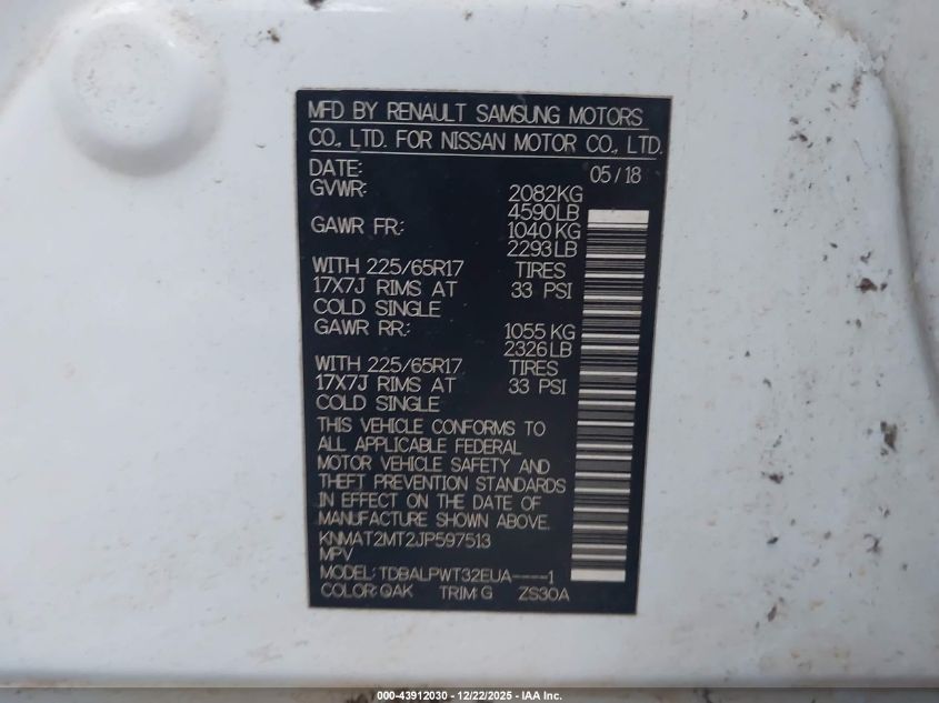 2018 Nissan Rogue S VIN: KNMAT2MT2JP597513 Lot: 43912030