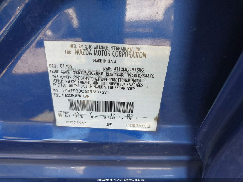 2005 Mazda Mazda6 I Base VIN: 1YVFP80C655M37231 Lot: 43912031