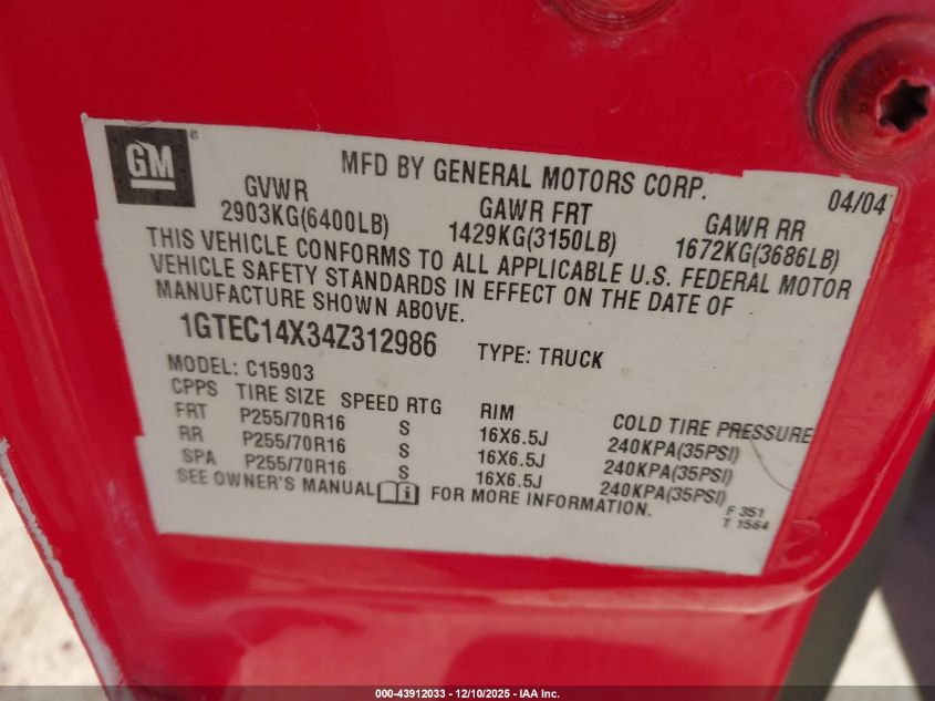 2004 GMC Sierra 1500 Work Truck VIN: 1GTEC14X34Z312986 Lot: 43912033