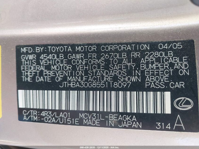 2005 Lexus Es 330 VIN: JTHBA30G855118097 Lot: 43912039