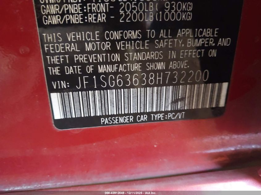 2008 Subaru Forester 2.5X VIN: JF1SG63638H732200 Lot: 43912049