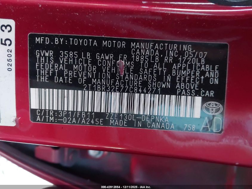 2007 Toyota Corolla Le VIN: 2T1BR32E77C844271 Lot: 43912054