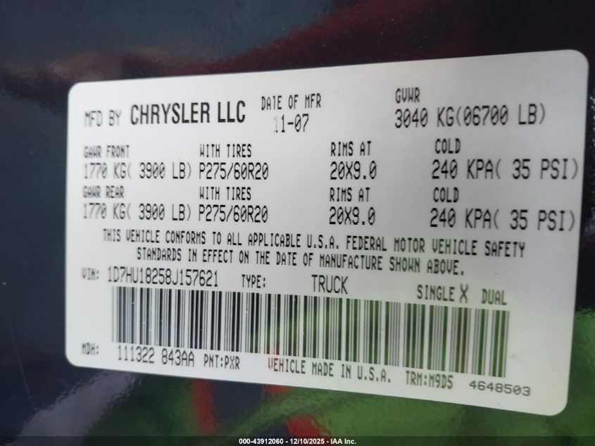 2008 Dodge Ram 1500 Slt VIN: 1D7HU18258J157621 Lot: 43912060