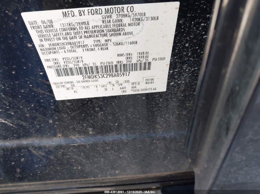 2009 Ford Flex Limited VIN: 2FMDK53C29BA05917 Lot: 43912061