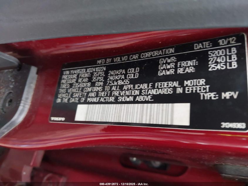 2013 Volvo Xc60 3.2/3.2 Platinum/3.2 Premier/3.2 Premier Plus VIN: YV4952DLXD2410224 Lot: 43912072