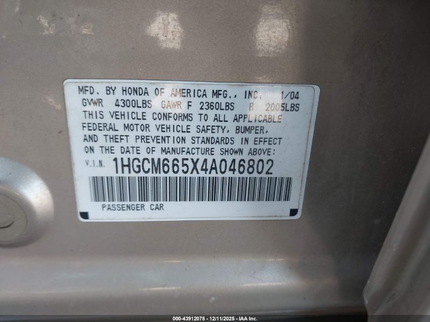 2004 Honda Accord 3.0 Ex VIN: 1HGCM665X4A046802 Lot: 43912078