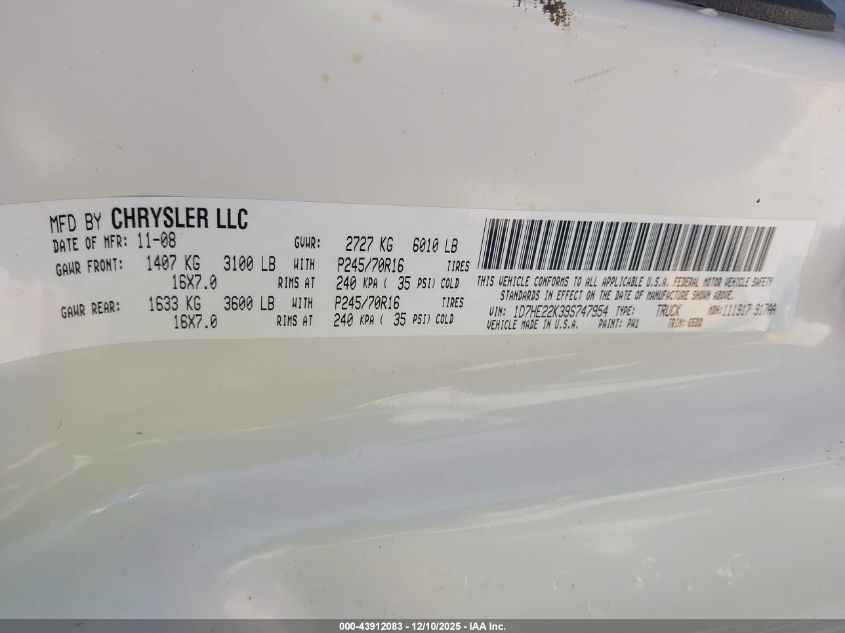 2009 Dodge Dakota St VIN: 1D7HE22K39S747954 Lot: 43912083