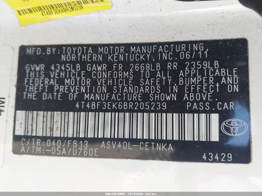 2011 Toyota Camry Le VIN: 4T4BF3EK6BR205239 Lot: 43912089
