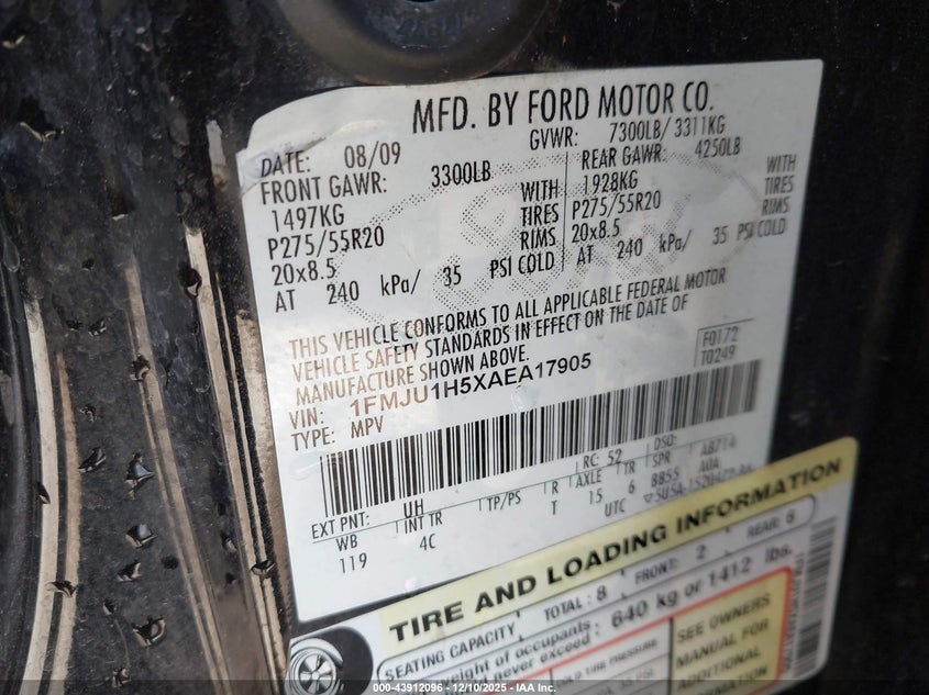 1FMJU1H5XAEA17905 2010 FORD EXPEDITION photo no. 9