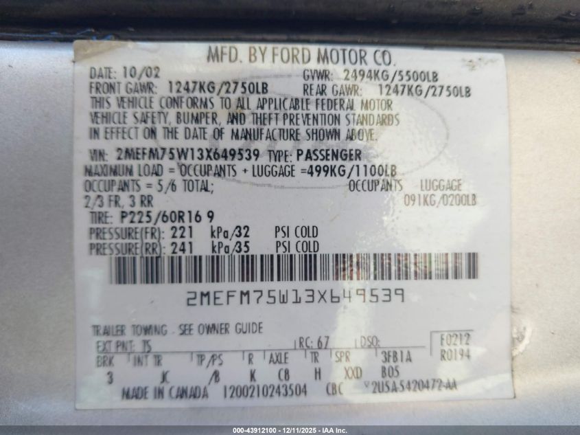 2003 Mercury Grand Marquis Ls VIN: 2MEFM75W13X649539 Lot: 43912100