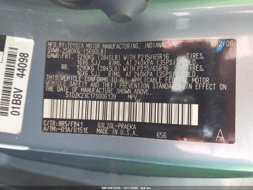 2007 Toyota Sienna Ce VIN: 5TDZK23C17S006139 Lot: 43912103