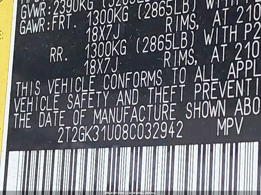 2008 Lexus Rx 350 VIN: 2T2GK31U08C032942 Lot: 43912108
