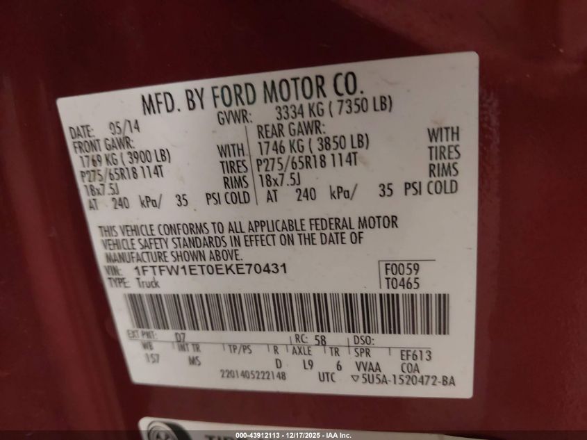 2014 Ford F-150 Xlt VIN: 1FTFW1ET0EKE70431 Lot: 43912113