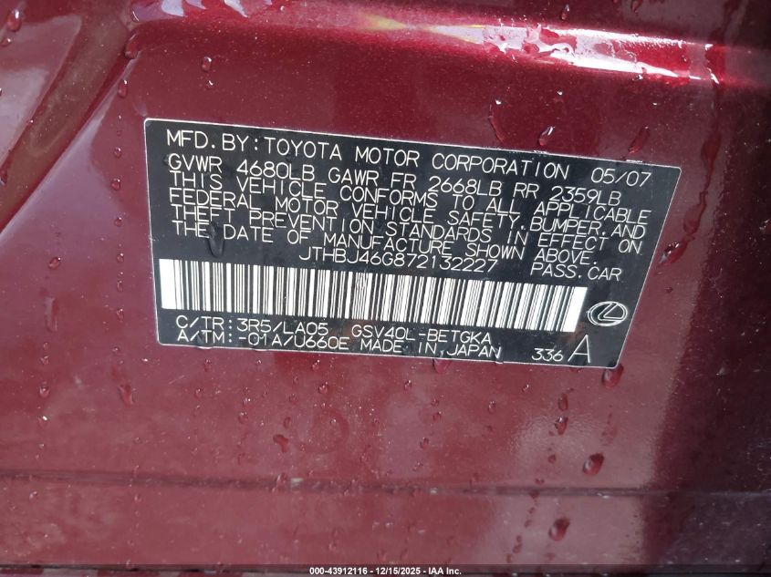 2007 Lexus Es 350 VIN: JTHBJ46G872132227 Lot: 43912116