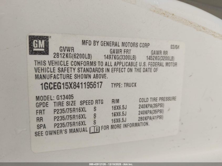 2004 Chevrolet Express VIN: 1GCEG15X841195617 Lot: 43912126