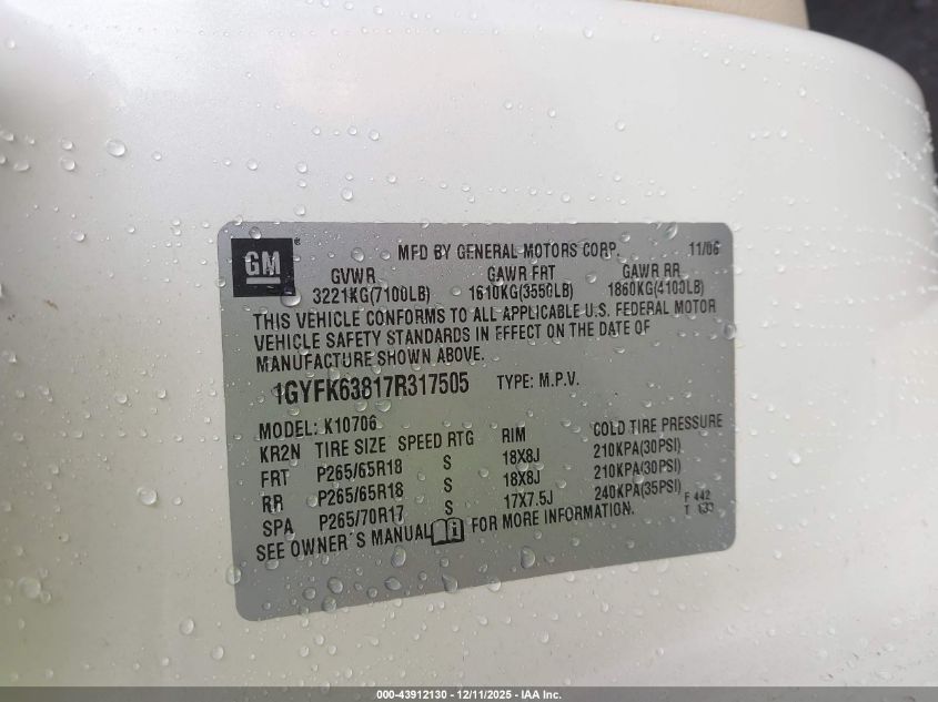 2007 Cadillac Escalade Standard VIN: 1GYFK63817R317505 Lot: 43912130