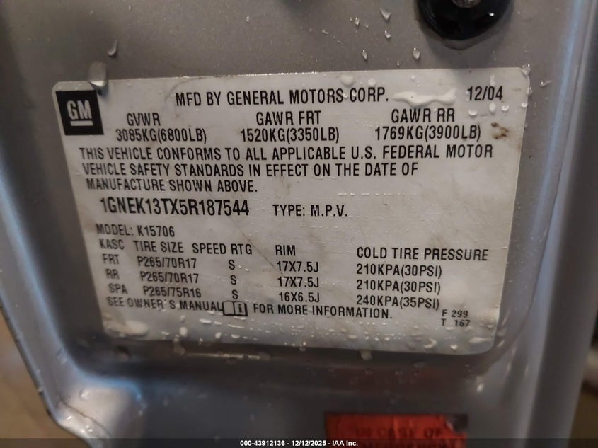 1GNEK13TX5R187544 2005 CHEVROLET TAHOE photo no. 9