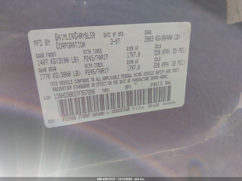 2007 Dodge Durango Sxt VIN: 1D8HD38K57F557896 Lot: 43912137