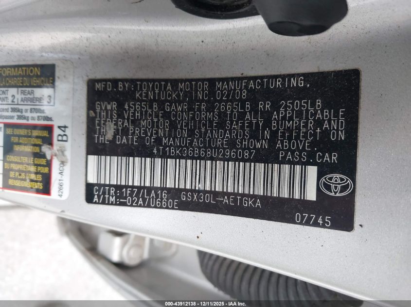 2008 Toyota Avalon Xls VIN: 4T1BK36B68U296087 Lot: 43912138