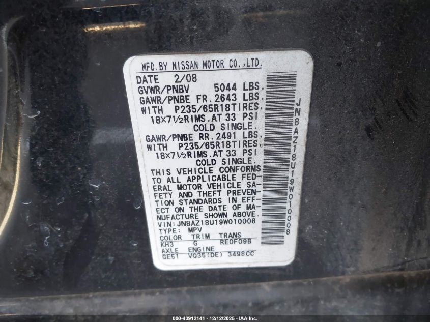 2009 Nissan Murano Sl VIN: JN8AZ18U19W010008 Lot: 43912141